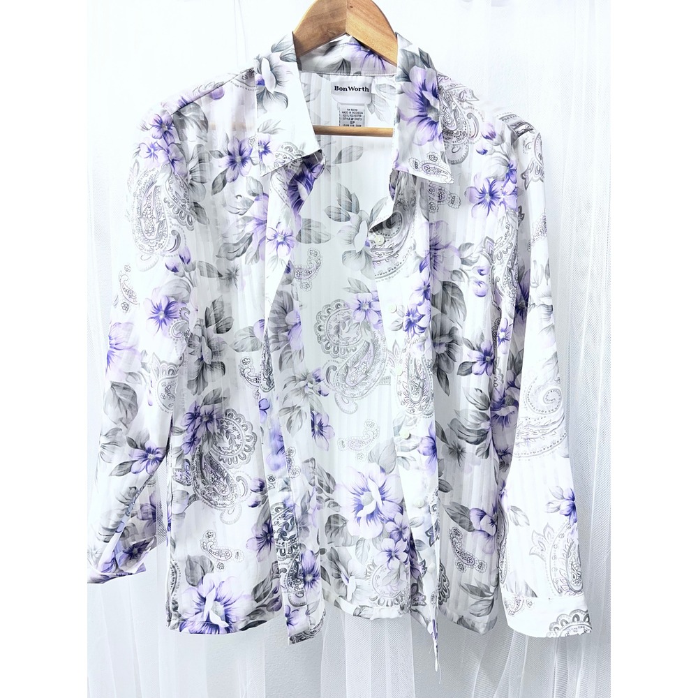Bon Worth Womens SP Purple Floral Paisley Shadow Stripe Button Up Blouse 34073